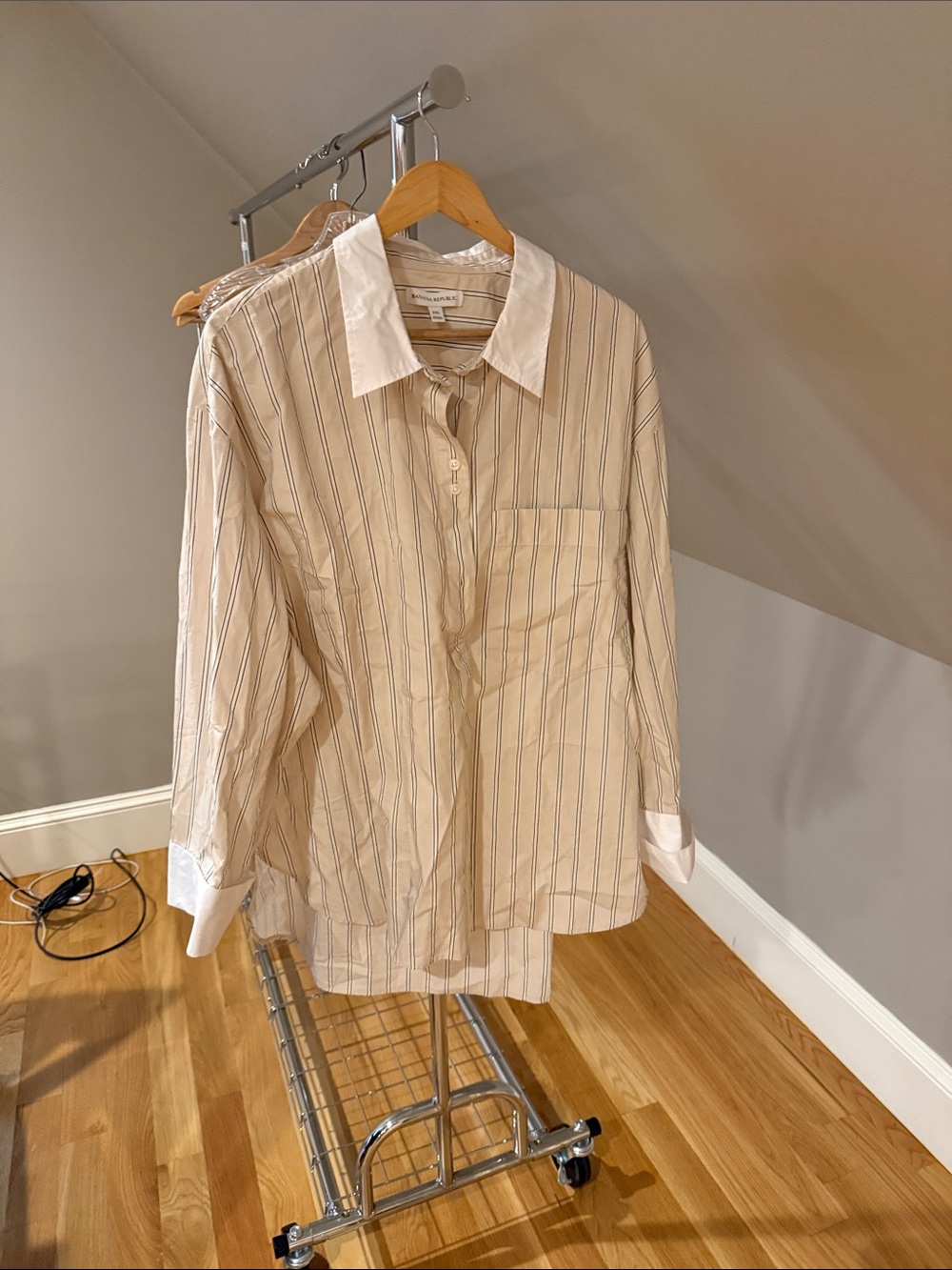 Banana Republic Beige Striped Button-Down Shirt with White Collar